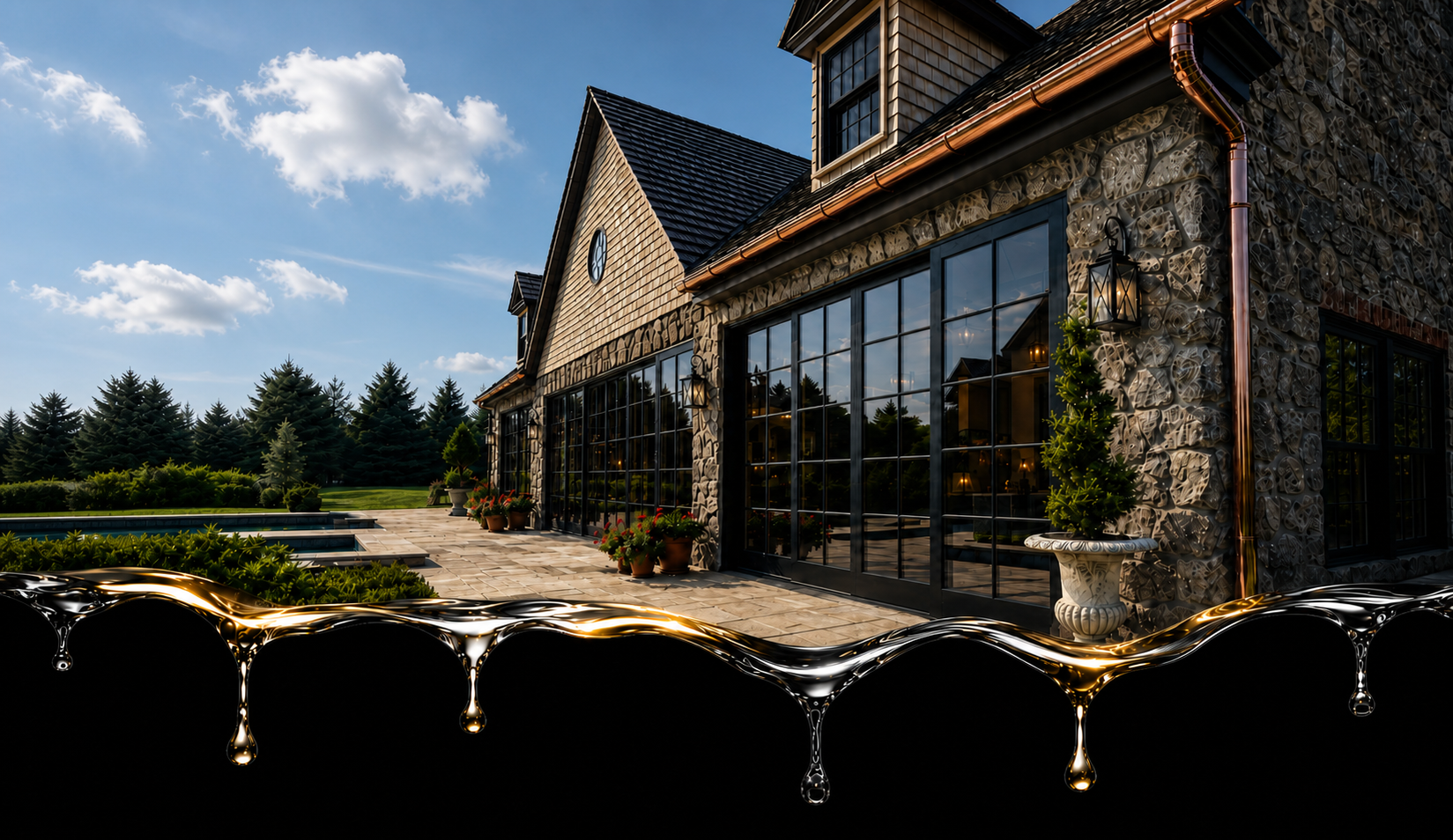 Luxury stone home with copper gutters and downspouts installed by B. Good Spouting