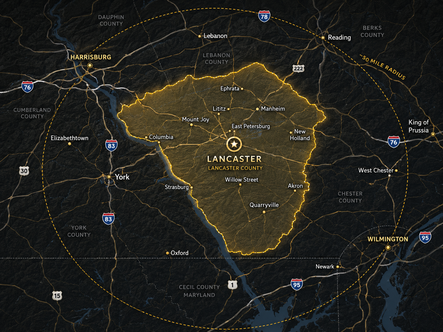 Map of Lancaster County, PA highlighting the towns Be Good Spouting serves within a ~50 mile radius